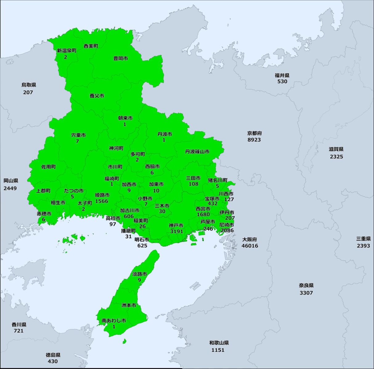 兵庫県の市町村と隣接府県の感染者数